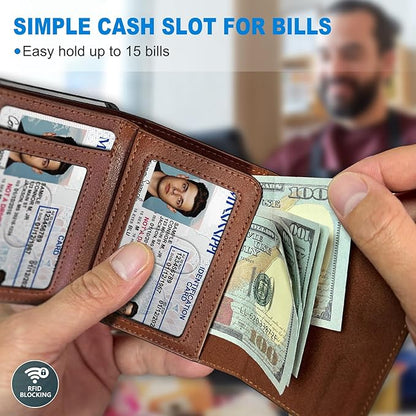 Wallet for Men,with Cash Pocket 2 ID Window 9-13 Cards,Metal Case Smart Slim Pop Up Credit Card Holder Flip with Magnetic Closure RFID Blocking Trifold wallet with Gift Box