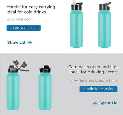 VEGOND 40 oz Insulated Water Bottle Stainless Steel Metal Water Bottles with Leak Proof Straw Lid & Spout Lid, Wide Mouth Double Walled Vacuum Travel Sports Bottle, Mint Green