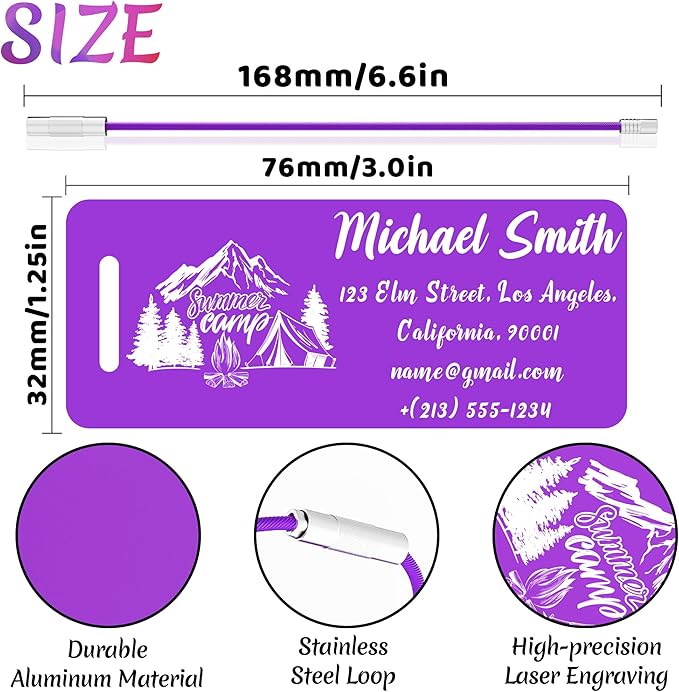 4 PCS Personalized Luggage Tags for Suitcase, Custom Engraved Aluminum Luggage Tags with Your Personalized Text Logo, Metal Name Tags with Steel Loop for Bag, Suitcase, Backpack (Purple, Small)