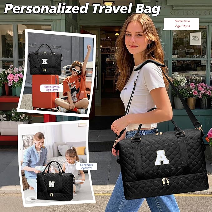 Gifts for Women Girls Birthday Christmas Initial Travel Duffle Bag Quilted Weekender Bags Carry-On Overnight with Cosmetic Bag, Gym Bag with Shoe Compartment, Black G