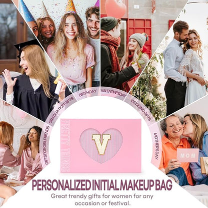 2 PCS Initial Makeup Bags for Women: Cosmetic Bag for Travel Toiletry - Birthday Gifts for 11 12 13 14 15 16 17 18 Years Old Girl Graduation Teacher Gift- Teen Girl Gifts Trendy Stuff - Pink V