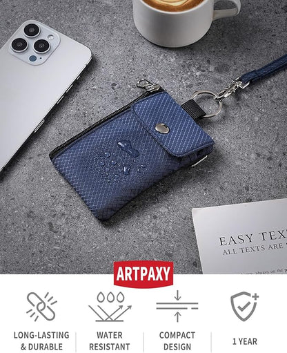 Minimalist Wallet For Mens Womens, Keychain RFID Blocking Zipper Small Wallet with ID Window 2 Lanyards,Water Resistant Travel Cash Card Coin Case Boys Girls