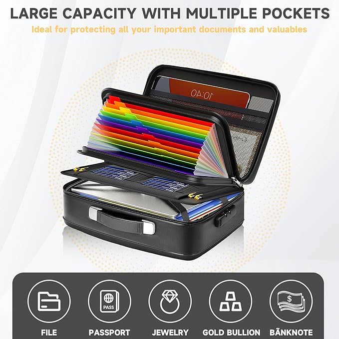 Fireproof Document Box,Fireproof and Waterproof Document Safe,Portable File Storage Box With Lock,Large Capacity,Hard Shell Material,For Storing Important Documents and Valuables (black)