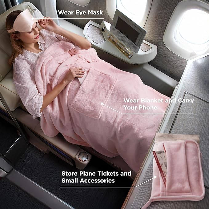 Bedsure Travel Blanket Airplane Compact with Storage Bag, Packable Blanket with Eye Mask, Lightweight 2-in-1 Travel Essentials, Functioned as Pillow for Airplane Comfort and Warmth, Pink