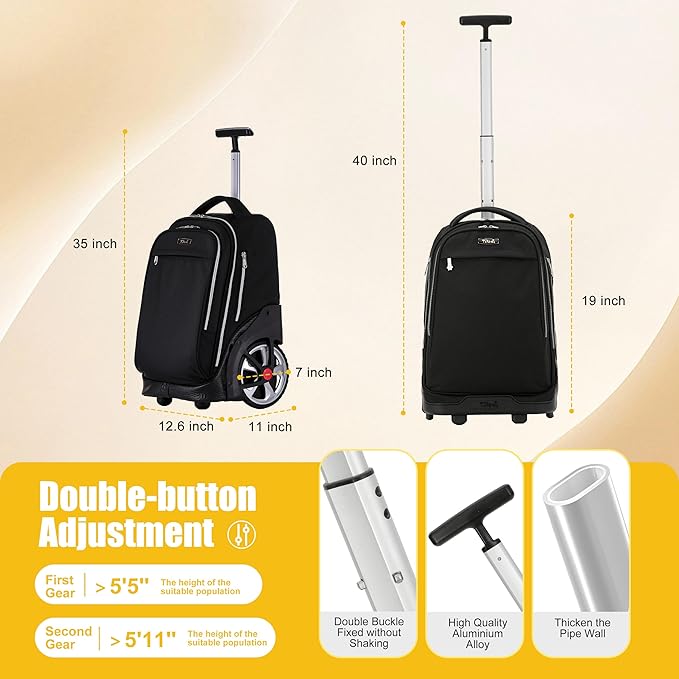 NEW TILAMI 19 Inch Rolling Backpack with Lunch Bag for Girls Boys Wheeled Laptop Backpack Durable Carry-on Bag School Travel, Pure Black