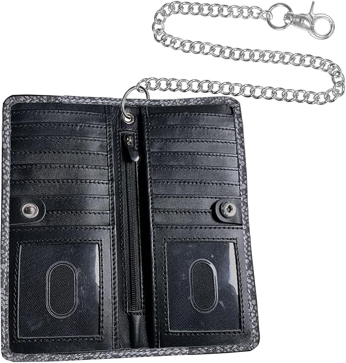 CLASSIC Motorcycle Chain Wallet for Men – Premium Cowhide Leather, RFID Bi-Fold Biker Wallet with Heavy Duty Chain for Bikers Truckers & Hunters, Credit Card Money Organizer Long Wallet Snake Black