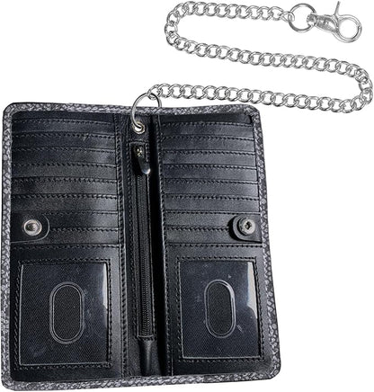 CLASSIC Motorcycle Chain Wallet for Men – Premium Cowhide Leather, RFID Bi-Fold Biker Wallet with Heavy Duty Chain for Bikers Truckers & Hunters, Credit Card Money Organizer Long Wallet Snake Black