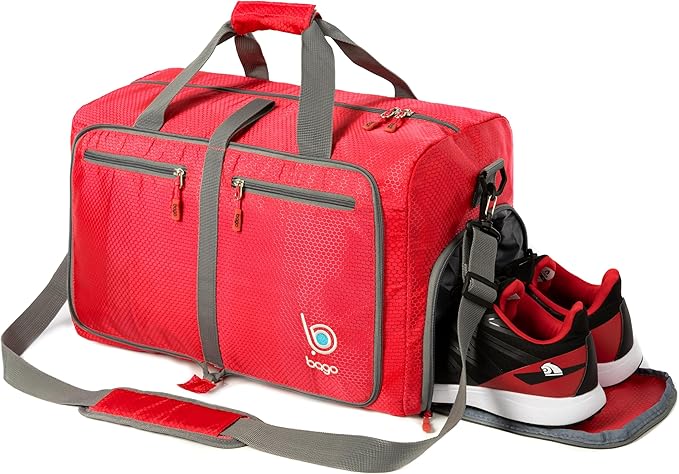Bago Foldable Duffel Bags for Traveling Women & Men - 40L Sports Packable Duffle Bag for Travel with Shoe Compartment - Water Repellant, Heavy Duty, Lightweight Folding & Collapsible (Red)