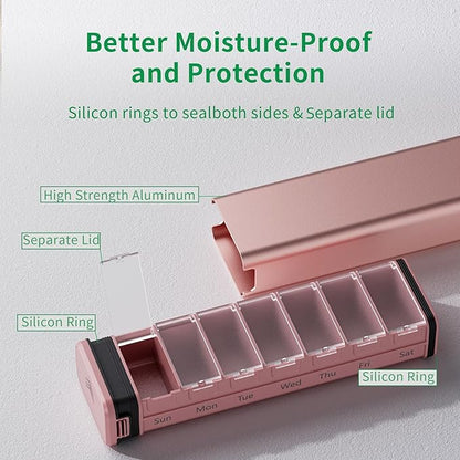 7 Day Weekly Metal Pill Organizer for Travel, Kursoaya Premium Aluminum Daily Pill Box, Cute Portable Pill Case, Large Capacity Pill Holder for Supplements, Pills, Vitamins, Medicine