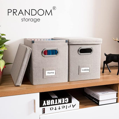 PRANDOM File Organizer Box - Set of 1 Collapsible Decorative Linen Filing Storage Hanging File Folders with Lids Office Cabinet Letter Size Light Grey (14x9.3x10.8 inch)