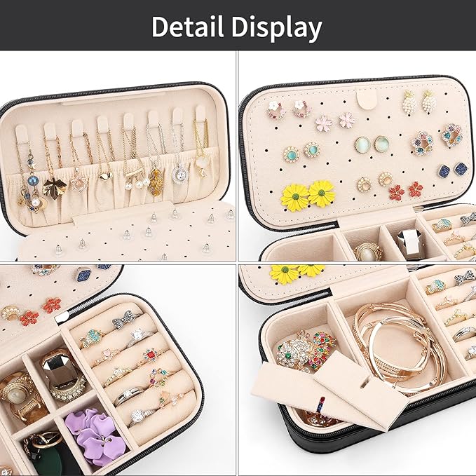 DesignSter Travel Jewelry Box, PU Leather Portable Jewelry Case, Small Jewelry Boxes for Gifts, Travel Jewelry Organizer for Women Rings Earrings Necklaces Bracelets (Black)