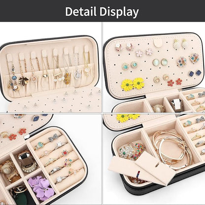 DesignSter Travel Jewelry Box, PU Leather Portable Jewelry Case, Small Jewelry Boxes for Gifts, Travel Jewelry Organizer for Women Rings Earrings Necklaces Bracelets (Black)