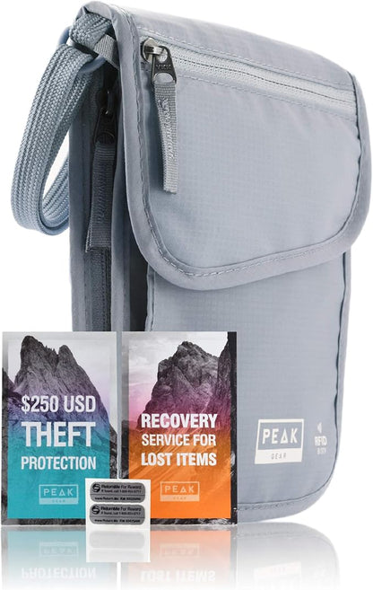 Peak Gear RFID Neck Wallet - The Orginal Travel Pouch with Adjustable Crossbody Strap + Theft Protection and Lost & Found Service | Gray