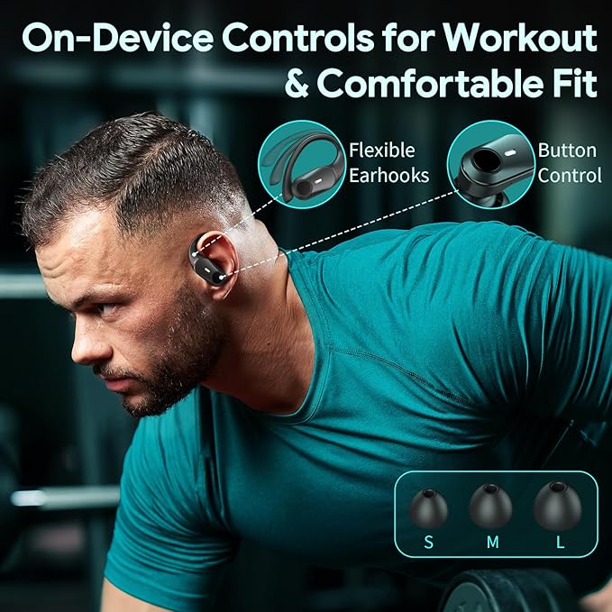 GOLREX Noise Cancelling Ear Buds Wireless Earbuds Bluetooth Headphones with 80H Playtime, Dual LED Display, Wireless Charging Case, Over-Ear Hooks Earphones for Sports Running Gym Workout Black