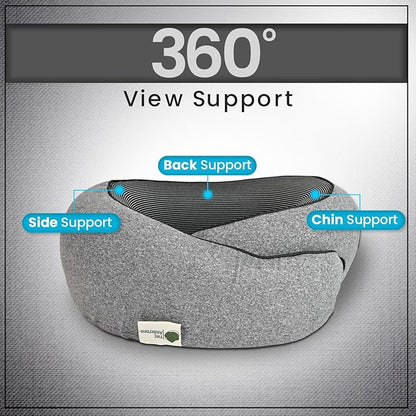 Travel Neck Pillow 100% Memory Foam, Ergonomic 360° Support Pillow for Flights, Car, Office & Train, Breathable Travel Essentials for Adults & Kids, Neck Pain Relief, (GREY)