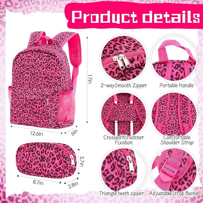 Redbaker 6 Pcs Kids Luggage Set 17 Inch Kids Rolling Luggage Double Pattern Suitcase for Girls Boys School Gift(Hot Pink,Leopard Print Style)
