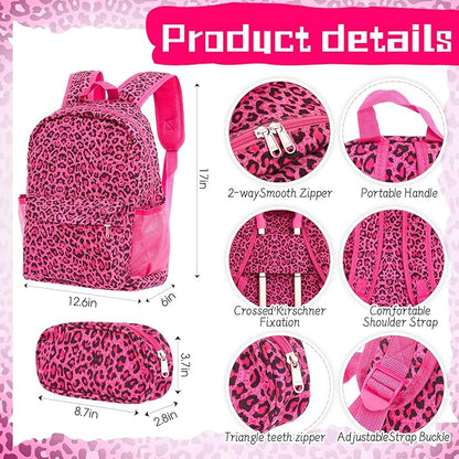 Redbaker 6 Pcs Kids Luggage Set 17 Inch Kids Rolling Luggage Double Pattern Suitcase for Girls Boys School Gift(Hot Pink,Leopard Print Style)