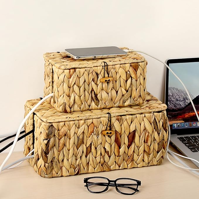 BTSKY Woven Cable Management Box with Lid, Water Hyacinth Cord Organizer for Desk, Cable Organizer Box with 2-Open Slots to Hide Power Strips USB Hubs for Home & Office, Pet Proofing Cord Basket, L+S