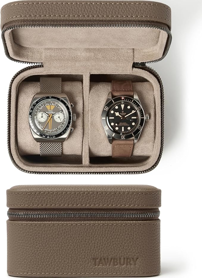 TAWBURY 2 Watch Travel Case - Genuine Top-Grain Leather Watch Box for Men & Women with Metal Zipper and Extra Wide Pillows for Large Watches (Taupe)