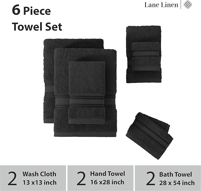 LANE LINEN Luxury Bath Towels Set - 6 Piece Set, 100% Cotton Bathroom Towels, Zero Twist, Quick Dry Shower Towels, Absorbent Bath Towel, Super Soft, 2 Bath Towels, 2 Hand Towels, 2 Wash Cloths - Black