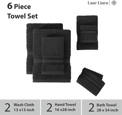 LANE LINEN Luxury Bath Towels Set - 6 Piece Set, 100% Cotton Bathroom Towels, Zero Twist, Quick Dry Shower Towels, Absorbent Bath Towel, Super Soft, 2 Bath Towels, 2 Hand Towels, 2 Wash Cloths - Black