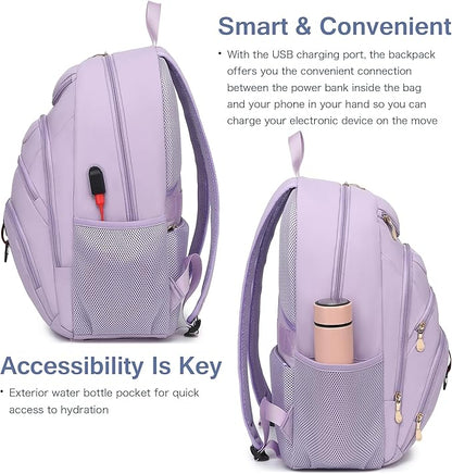 Boavan Laptop Backpack for women, 15.6inch Laptop Bag with USB Port, Waterproof Travel Work Backpack Purse, Anti-Theft Teacher Nurse Doctor Casual Bookbags Office Business backpack，Purple