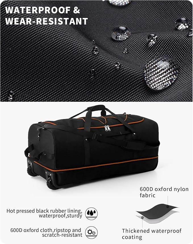 32" Soft-Sided Foldable Wheeled Travel Duffel Bag,Expandable 110L to 140L Rolling Cargo Bag with 2 Wheels and Multiple Pockets (001-Black Orange)