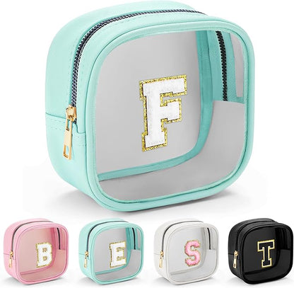 YOOLIFE Initial Make Up Bag Travel Toiletry Bag, Clear Makeup Bag Preppy Cosmetic Bags Organizer Travel Essentials Gifts for Women Teen Girlfriend Teacher Mom Birthday Mothers Day Gifts Blue F