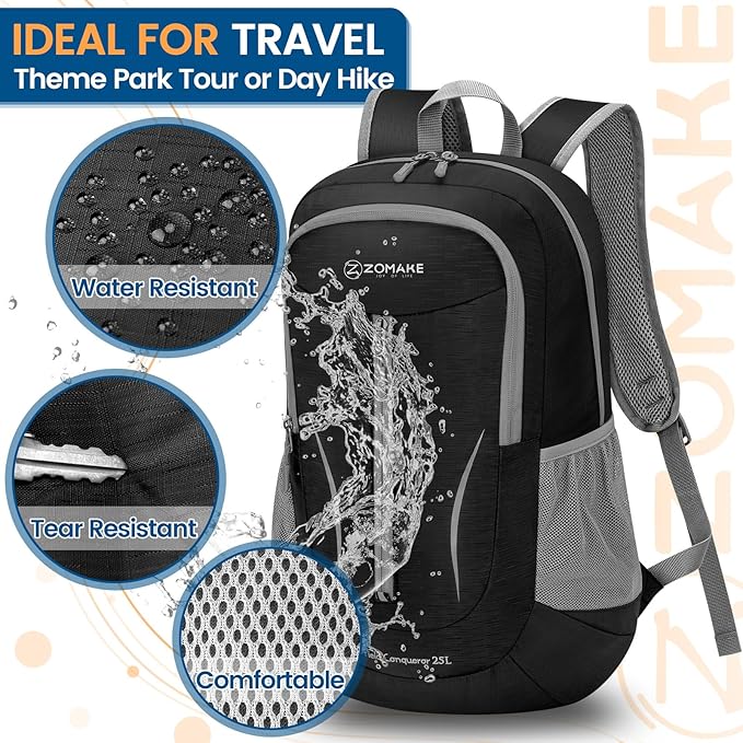 ZOMAKE Ultra Lightweight Packable Backpack 25L, Foldable Hiking Backpacks Water Resistant Small Folding Daypack for Travel(Solid Black)