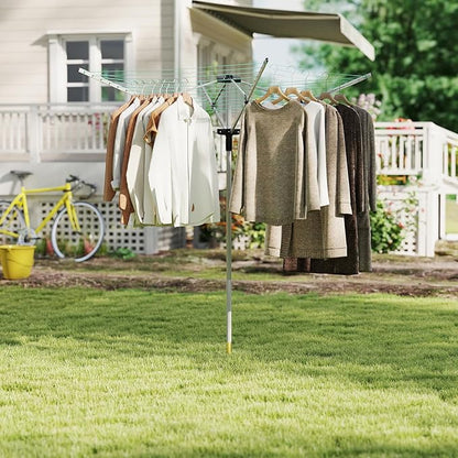 Outdoor Umbrella Drying Rack 165 Feet Umbrella Clothesline with 12 Lines Rotary Drying Rack Adjustable Height 4-Arm Foldable Clothes Drying Rack with Protective Cover for Backyard- Green