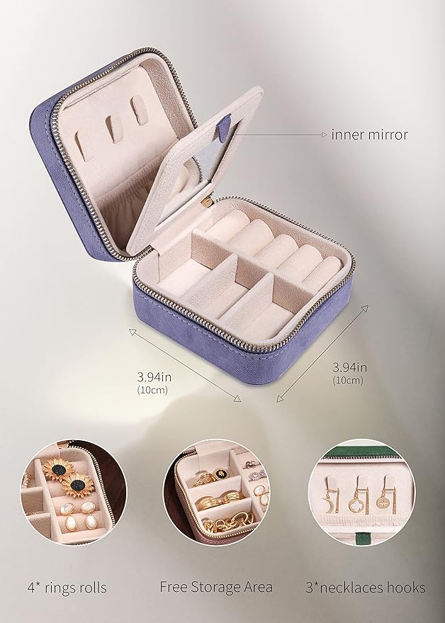S.Leaf Travel Jewelry Organizer Boxes for Women Small Portable Necklace Earrings Bracelet Rings Travel Case Best Friend Birthday Gifts for Women Trendy (04_Suede_Touch_Dust_Lavender)