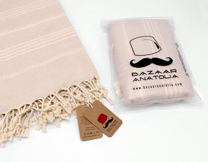 Bazaar Anatolia Slim Line Turkish Towel 100% Cotton Peshtemal Beach Towel 76x38 Thin Lightweight Travel Camping Bath Sauna Gym Pool Blanket Quick Dry Towels (Cream) - Made in Turkiye