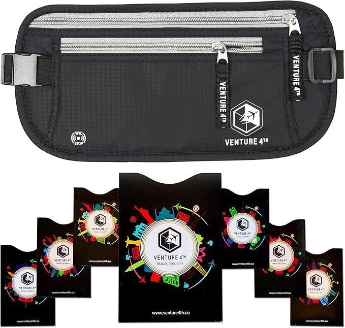 VENTURE 4TH Slim Minimalist Design RFID Money Belt with RFID Blocking Sleeves, for Men and Women – Ideal for Keeping Your Cash, Credit Card, Passport, Phone Secure When Traveling - Black