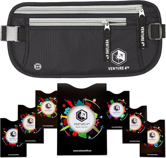VENTURE 4TH Slim Minimalist Design RFID Money Belt with RFID Blocking Sleeves, for Men and Women – Ideal for Keeping Your Cash, Credit Card, Passport, Phone Secure When Traveling - Black