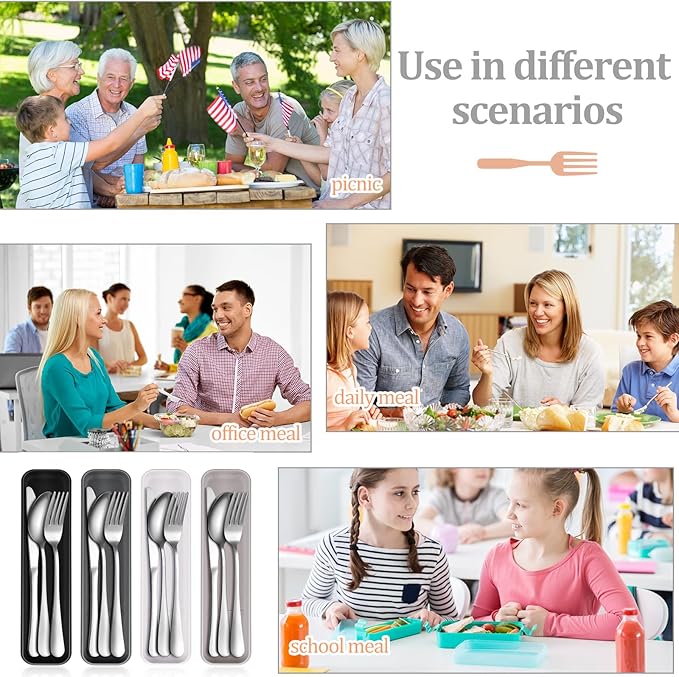 Yinkin 4 Pack Portable Travel Utensils Set with Case Reusable Stainless Steel Silverware Flatware Camping Cutlery Include Fork Spoon Knife for Work School Dishwasher Safe(Classic Color)