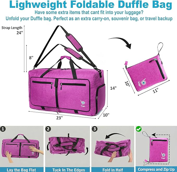 Bago Foldable Duffel Bags for Traveling Women & Men - 60L Medium Packable Duffle Bag for Travel with Shoe Compartment - Water Repellant, Heavy Duty, Lightweight Folding & Collapsible (SnowPink)