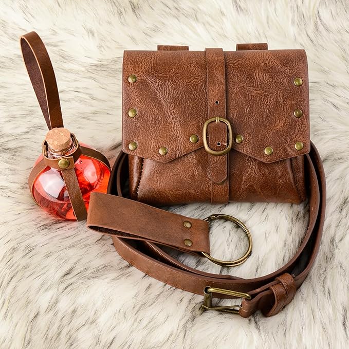 Renaissance Belt Pouch Viking Leather Medieval Belt Waist Bag Pirate Cosplay Festival Halloween Adjustable Accessories (Bottles-Brown)