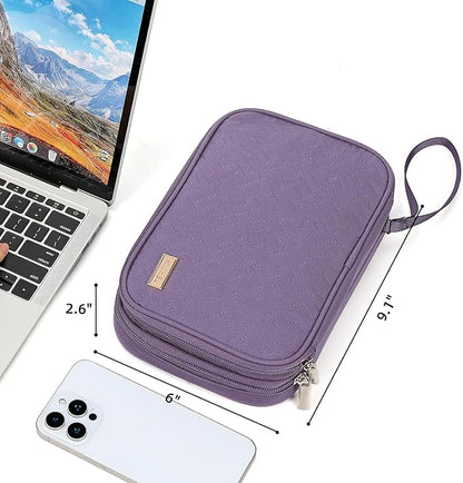 NISHEL Travel Cord Organizer Case, Double Layers Tech Electronic Bag, Essentials for Charger, Cable, Phone, Flash drive, Large, Purple
