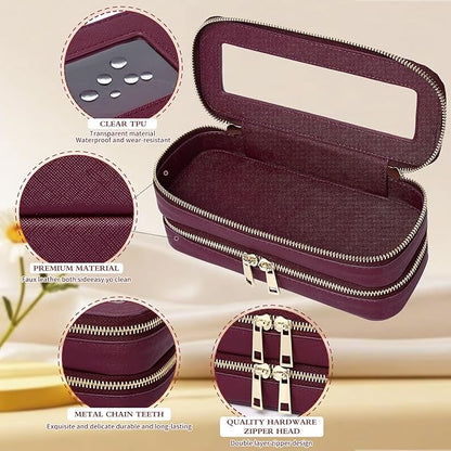Pinkmik Double Layer Makeup Bag Makeup Brush Case Waterproof Travel Cosmetic & Toiletry Bag Purse Organizer and Car Essentials for Women (X/Burgundy, Double SLIM)