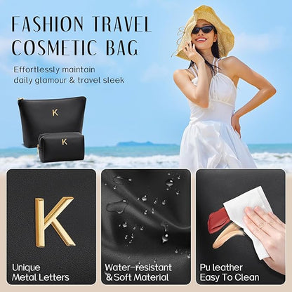 Women Gifts | Initial Makeup Bag Set for Girl Personalized Gifts for Bridesmaid Friend Graduation Teachers PU Leather Cosmetic Travel Toiletry Bag(Black,K)