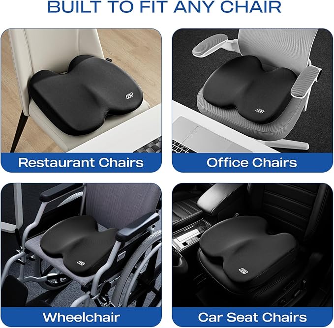 Skechers Memory Foam Seat Cushion,Ribbed Fabric Office Chair Cushion for Tailbone Pain Relief,Butt Pillow for Office Chair,Car Seat Cushion,Long Sitting Office Workers,and Car Drivers,Black