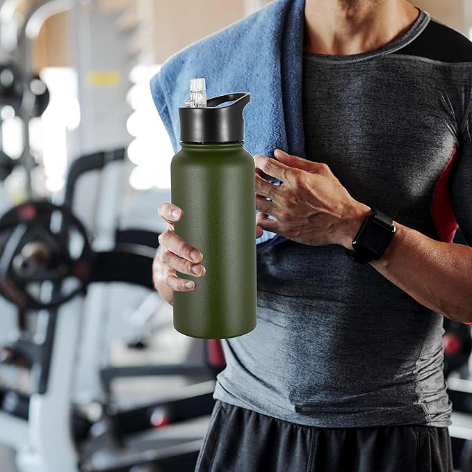 VEGOND 32 oz Insulated Water Bottle Bulk Stainless Steel Metal Water Bottles with Leak Proof Straw Lid & Spout Lid, Wide Mouth Double Walled Vacuum Travel Sports Bottle, 4 Pack