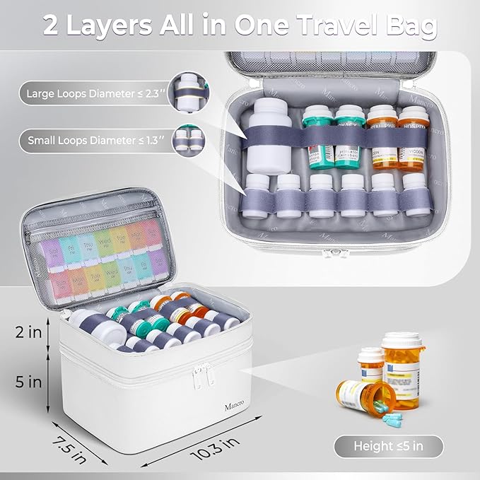 Mancro Dual Layers Medicine Organizer Bag, Pill Bottle Organizer Storage with Lockable Zipper, Medication Travel Bag for Pills, Vitamins, Medical Supplies for Home Storage, Travel, White