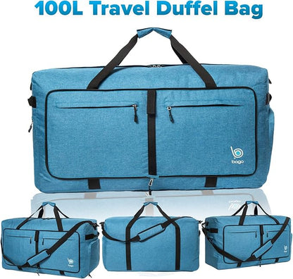 Bago Large Foldable Duffel Bags for Traveling Women & Men - 100L Packable Duffle Bag for Travel with Shoe Compartment - Water Repellant, Heavy Duty, Lightweight Folding & Collapsible (SnowBlue)