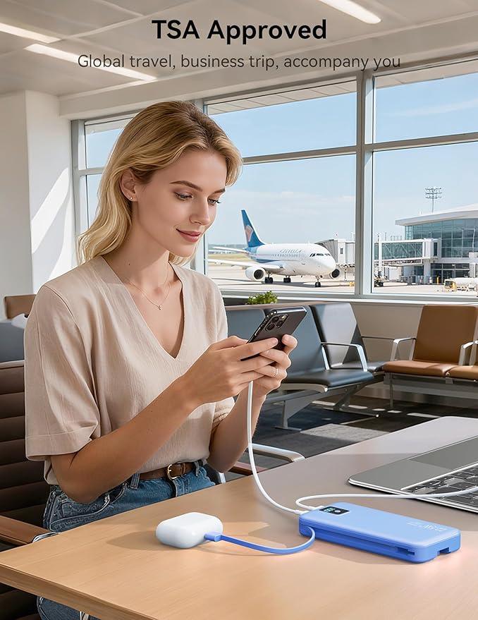 Portable Charger, 12000mAh 22.5W Fast Charging Power Bank with Built-in Cables & Wall Plug, Travel Essentials Battery Pack with LED Display, USB C External Battery Bank for iPhone iPad, Samsung Navy