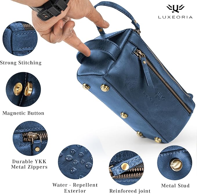 LUXEORIA Genuine Leather Toiletry Bags for Men and Women, Handmade Premium Leather Dopp Kit and Shaving Bag, Cosmetic Bag for Womens and Mens, Travel Essentials & Organizers