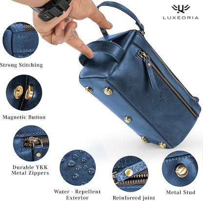 LUXEORIA Genuine Leather Toiletry Bags for Men and Women, Handmade Premium Leather Dopp Kit and Shaving Bag, Cosmetic Bag for Womens and Mens, Travel Essentials & Organizers