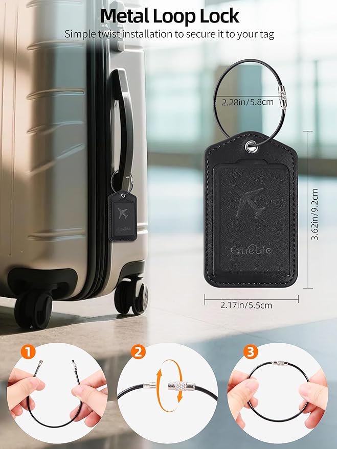 Luggage Tags, Works with Apple Find My, Leather Luggage Tag for Suitcases, Travel Tags, Bag Tag for Backpacks, Suitcase Tag with Privacy Flap, Anti-Lost Smart Luggage Tracker, Travel Essentials, Black