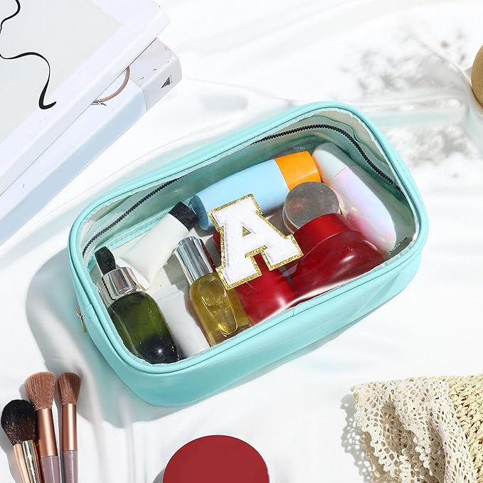 YOOLIFE Initial Make Up Bag Travel Toiletry Bag, Clear Makeup Bag Preppy Cosmetic Bags Organizer Travel Essentials Gifts for Women Teen Girlfriend Teacher Mom Birthday Mothers Day Gifts Blue S