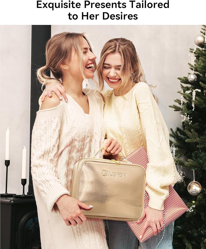 JUSRON Travel Makeup Bag With LED Mirror, Cosmetic Train Case with Light up Mirror, Portable Makeup Artist Organizer Bag with Adjustable Dividers, Makeup Brush Holder Storage (Rose Gold, Large)